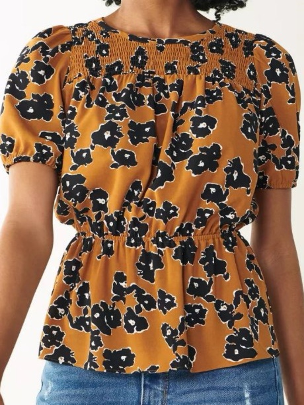 Mustard Floral Smocked Waist Top